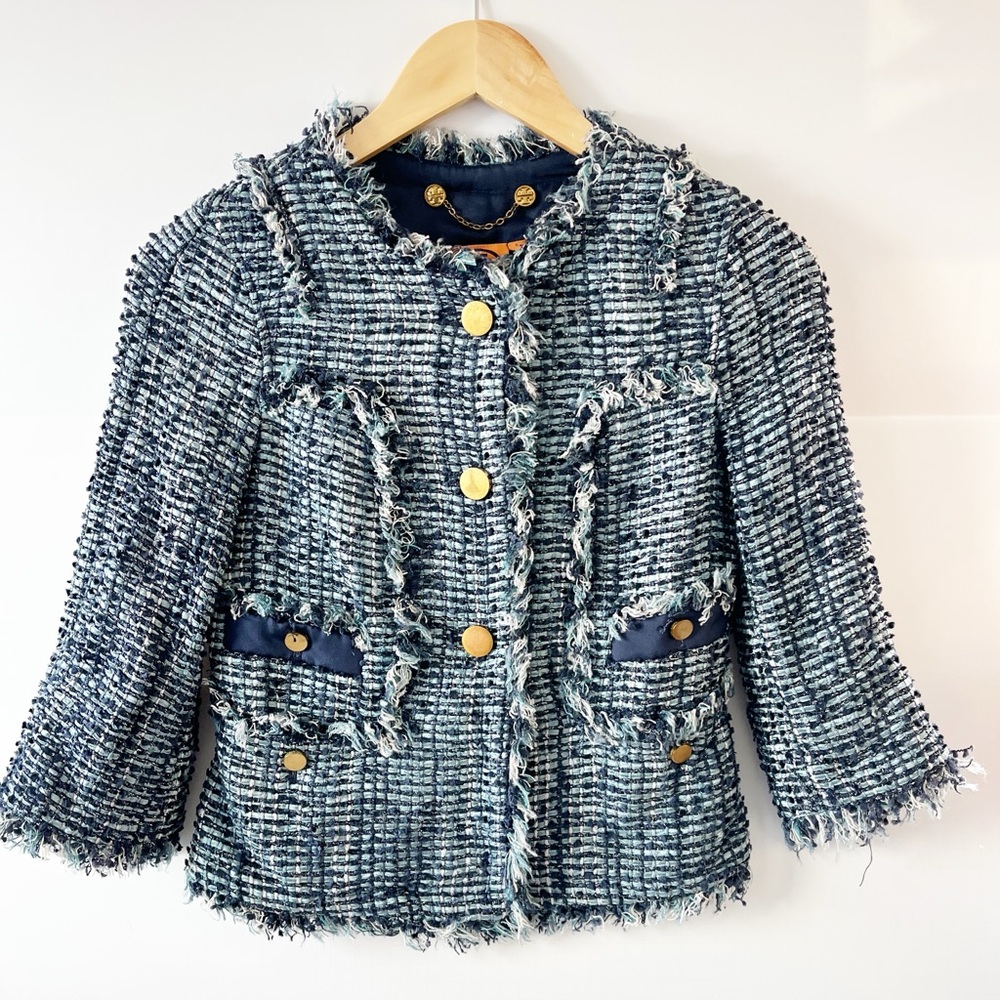 Tory Burch Danielle Tweed Evening Jacket Tweed Blazer Navy and White Size 0